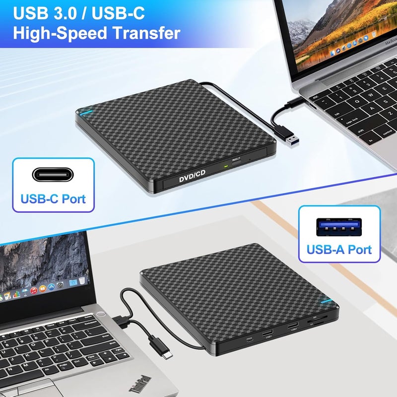 Guamar External CD DVD Drive: USB-C CD Burner Portable DVD Player Disc Reader for Laptop PC MacBook Mac Windows 11/10 with SD/TF Slot/2 USB Ports Plug & Play (Black) - Image 2